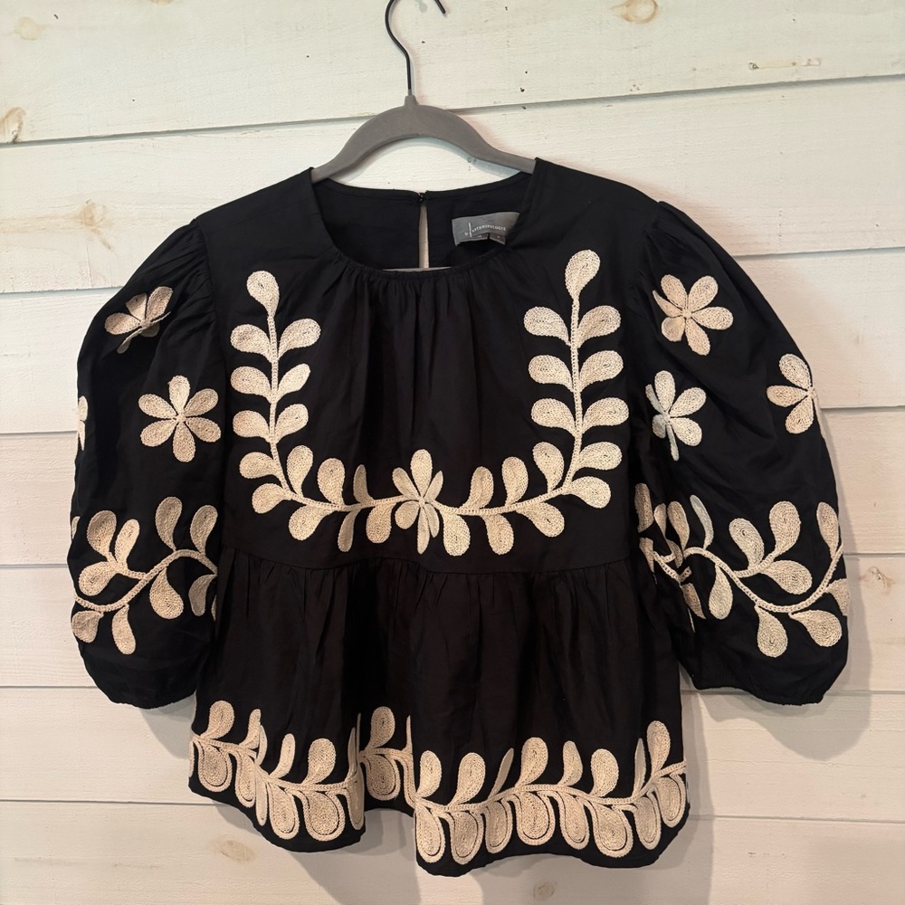 Anthropologie Black Peplum Blouse with Cream Floral Embroidery - Picture 3 of 13